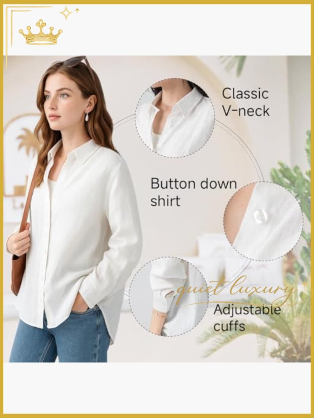 Oversize Linen Button Down Shirt V-Neck Long Sleeve Casual Office Top - Picture 5 of 7